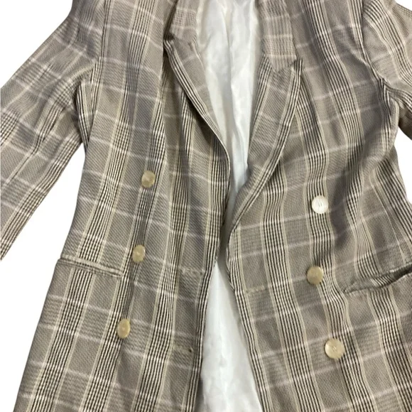 Vintage Plaid Double-Breasted Long Blazer- Sz 10- 100% Rayon-VERY DIANE KEATON!